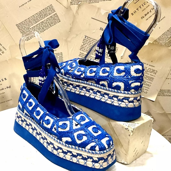 Anthropologie Farm Rio Blue Tan Espadrille Flatform Platform Raffia - Picture 4 of 6